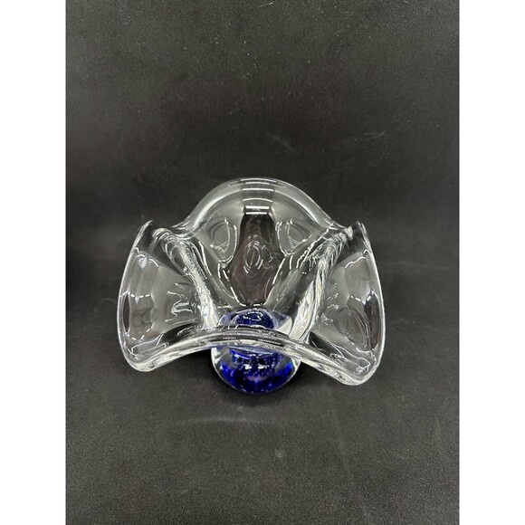 Hand Blown Art Glass Bowl Controlled Bubbles Wavy Pedestal Polished *flaw* - Picture 5 of 12